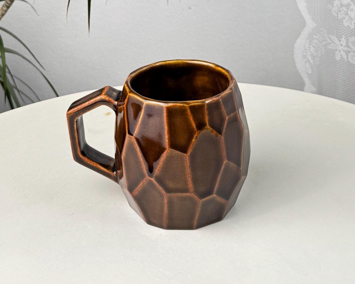 Handmade stoneware faceted mug, 350 ml (12 oz), purple, cognac