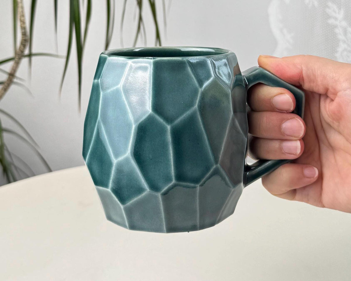 Handmade stoneware faceted mug, 350 ml (12 oz), purple, cognac