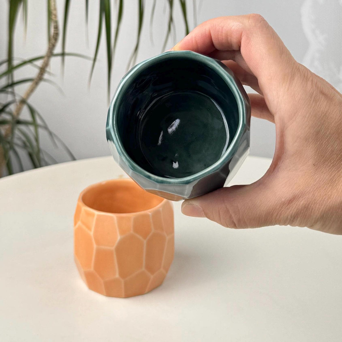 Set of 2 Faceted Stoneware Coffee Cups, 150 ml