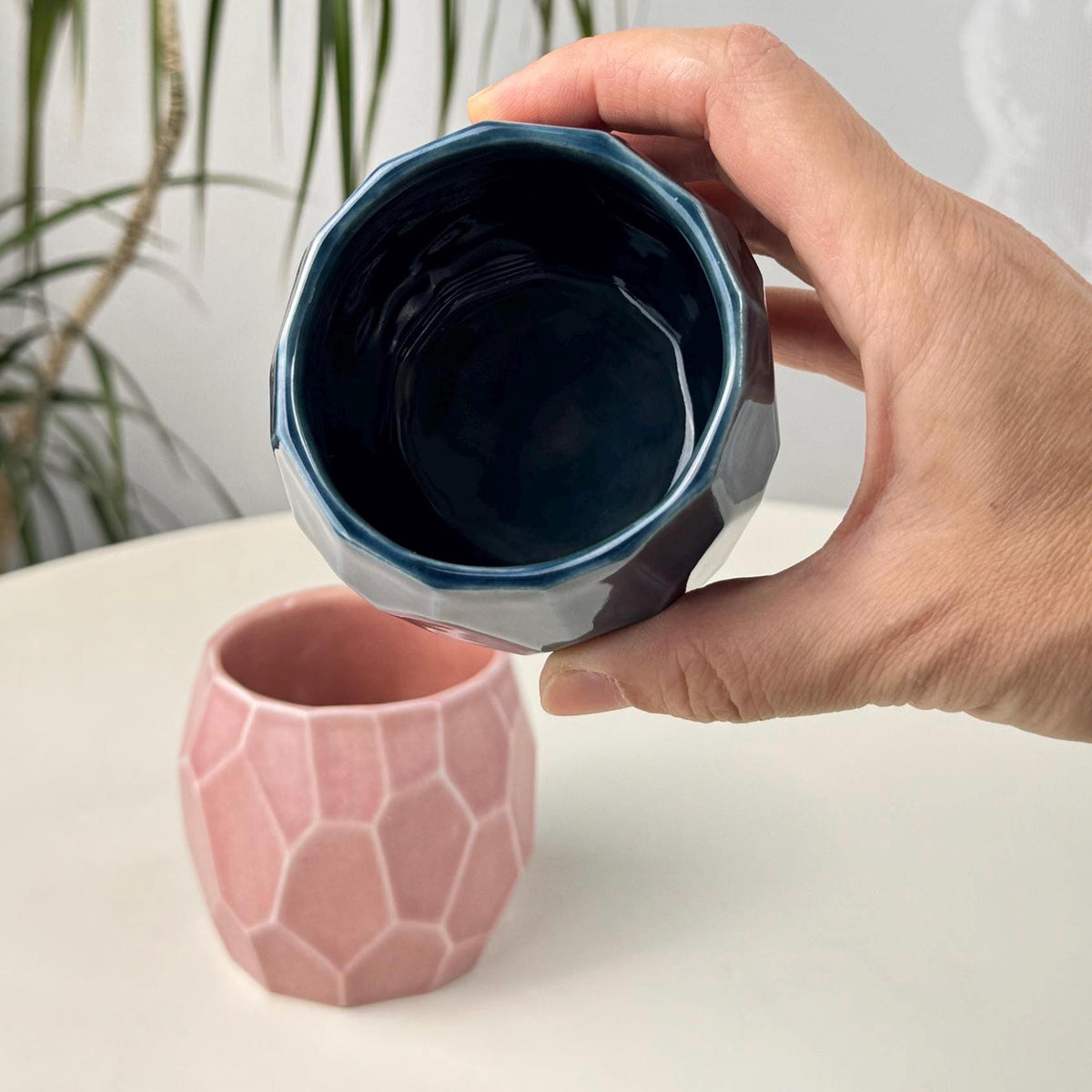 Set of 2 Faceted Stoneware Coffee Cups, 150 ml