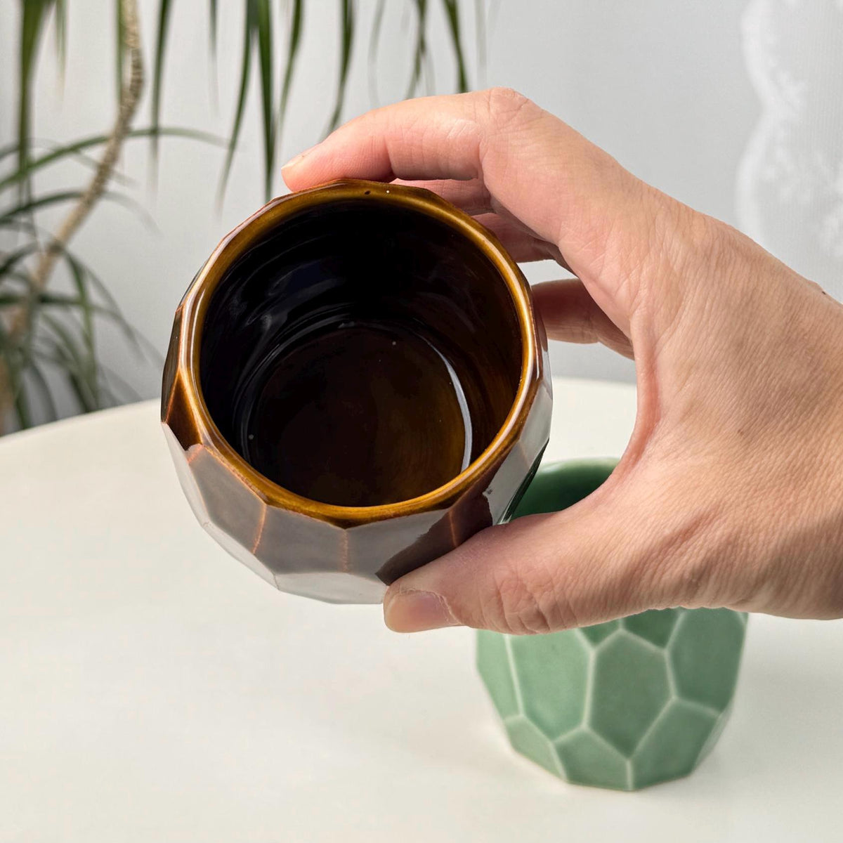 Set of 2 Faceted Stoneware Coffee Cups, 150 ml