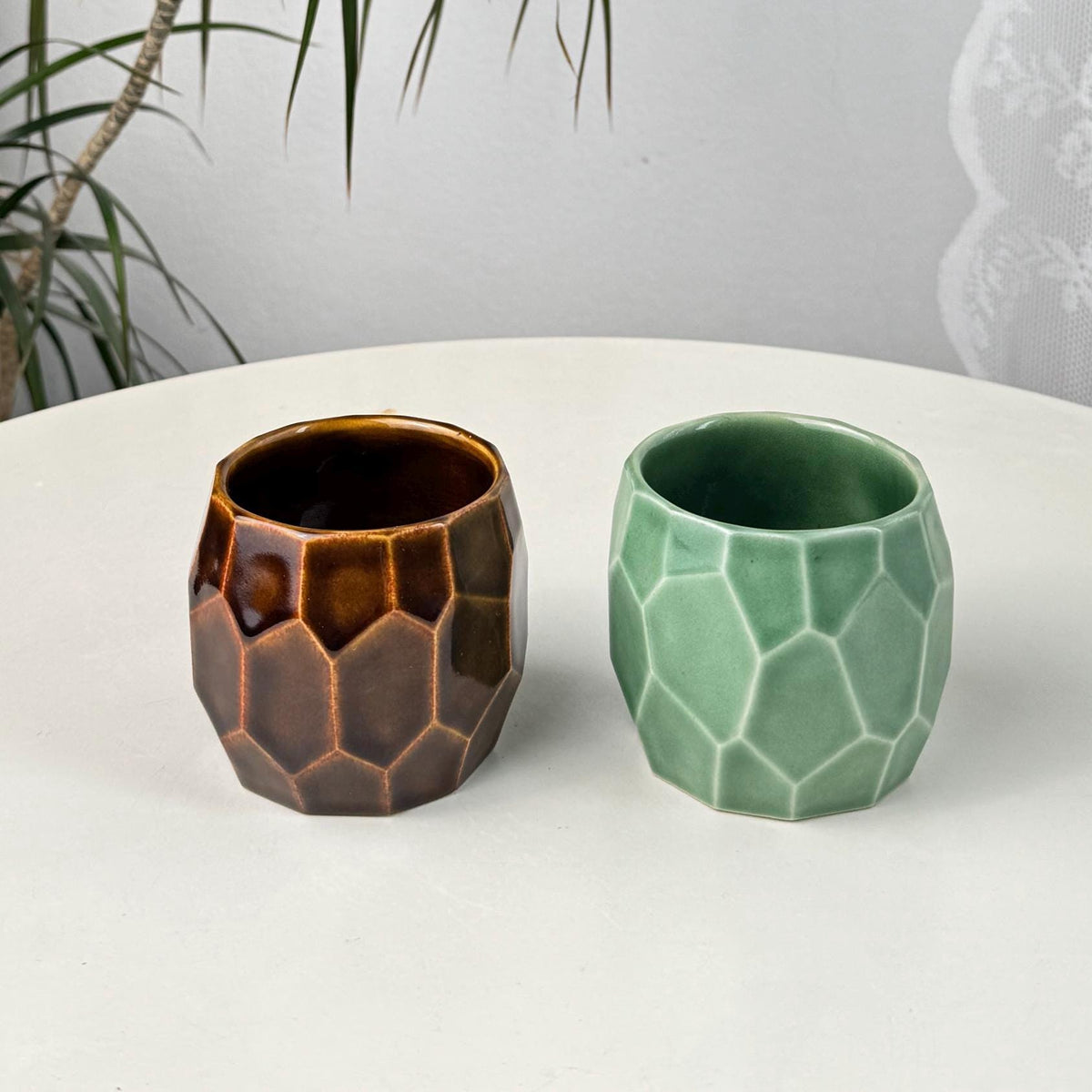 Set of 2 Faceted Stoneware Coffee Cups, 150 ml