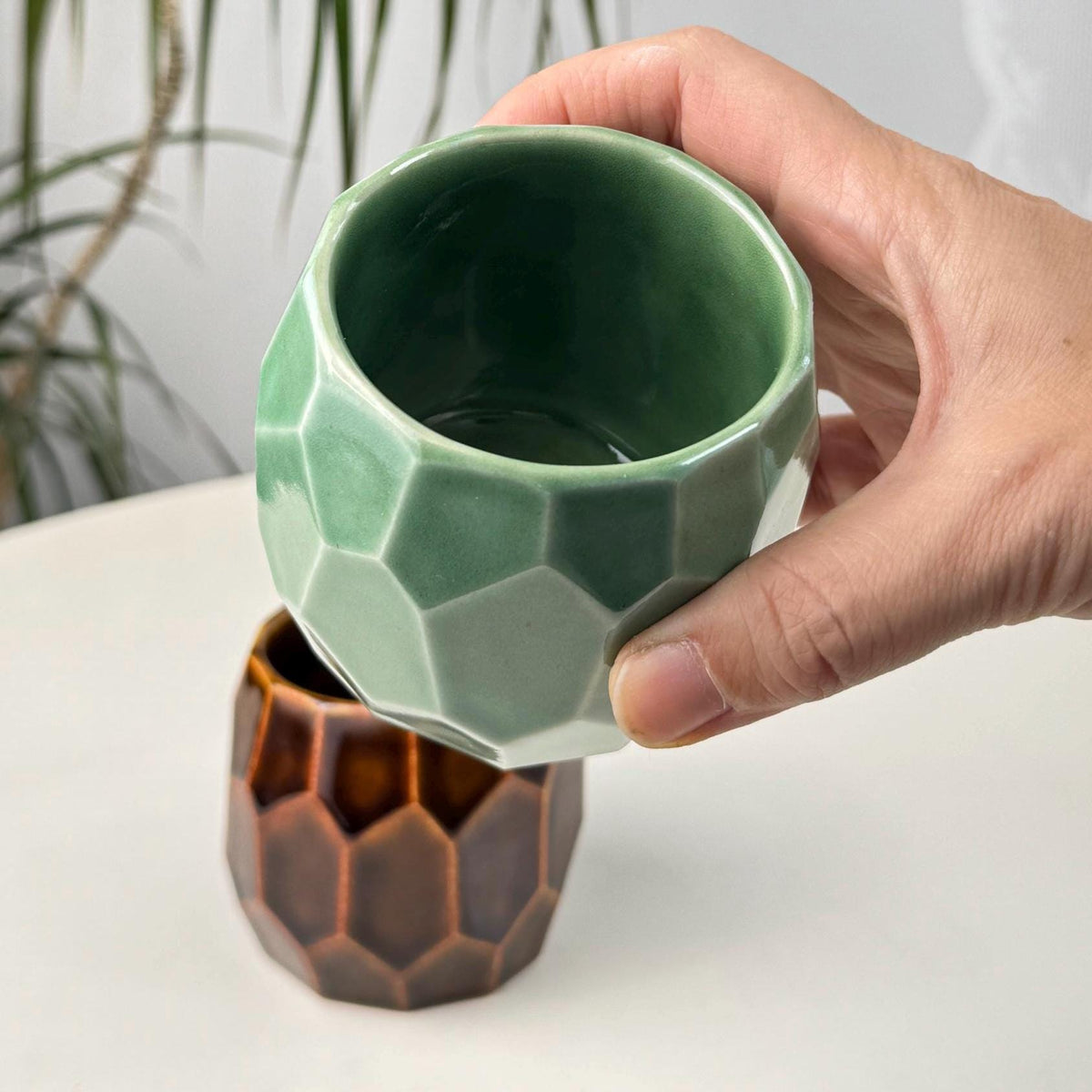 Set of 2 Faceted Stoneware Coffee Cups, 150 ml