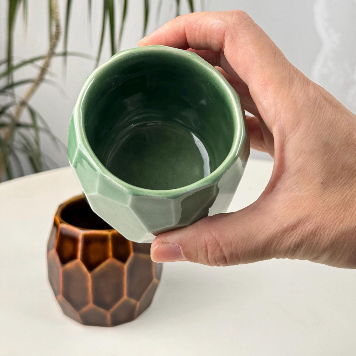 Set of 2 Faceted Stoneware Coffee Cups, 150 ml