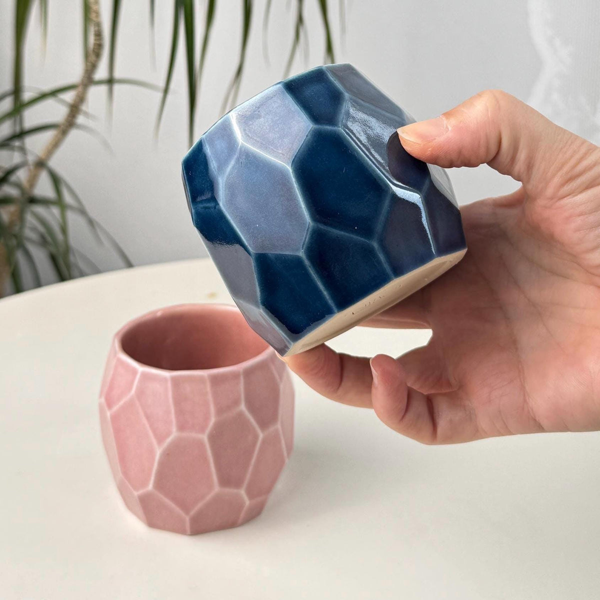 Set of 2 Faceted Stoneware Coffee Cups, 150 ml