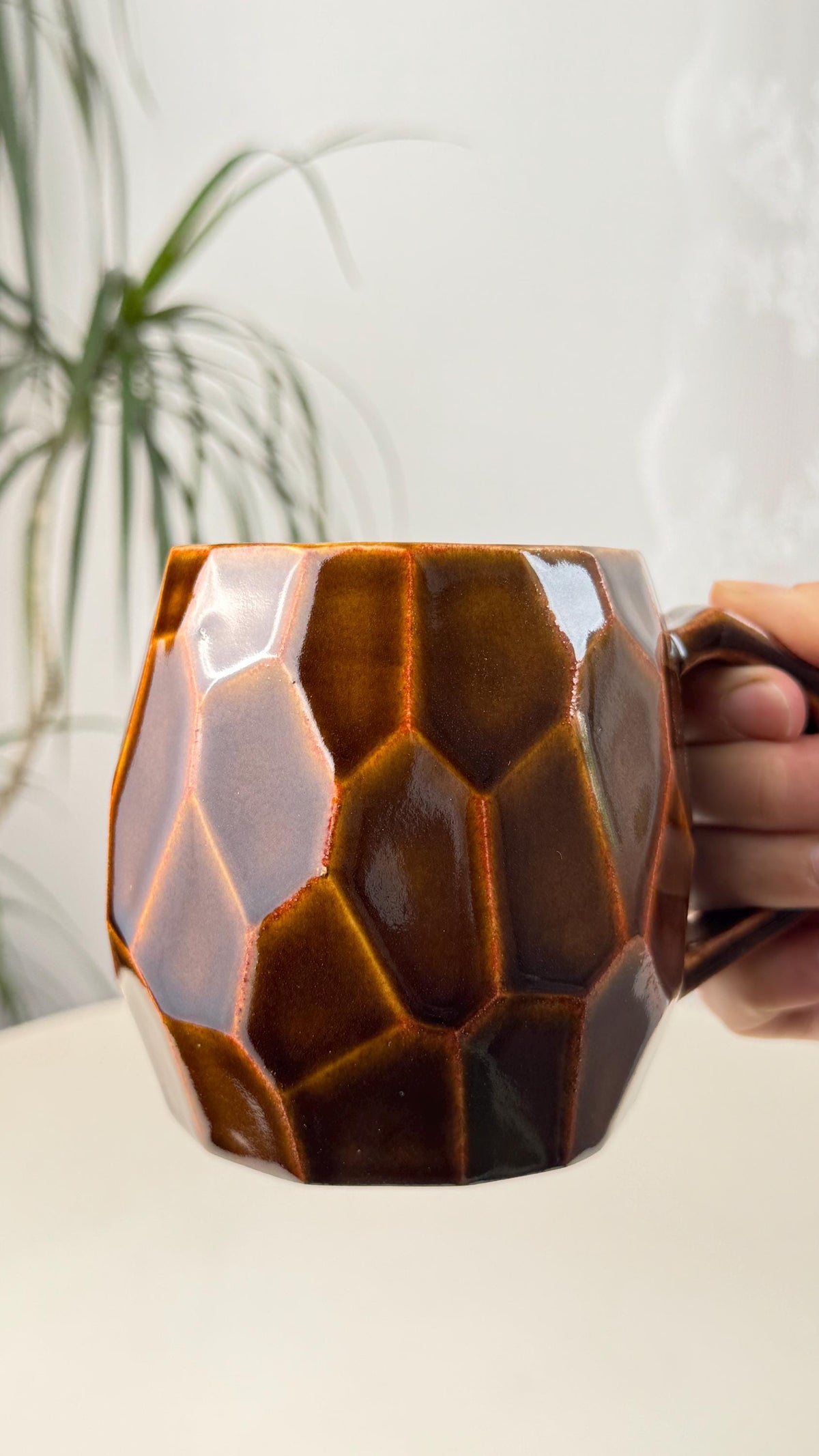 Handmade stoneware faceted mug, 350 ml (12 oz), purple, cognac
