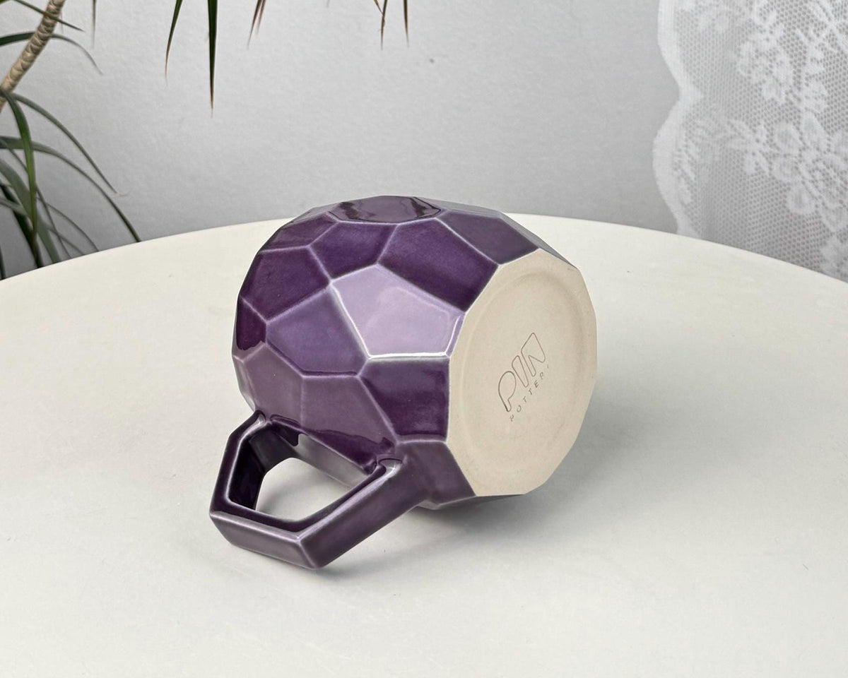 Handmade stoneware faceted mug, 350 ml (12 oz), purple, cognac