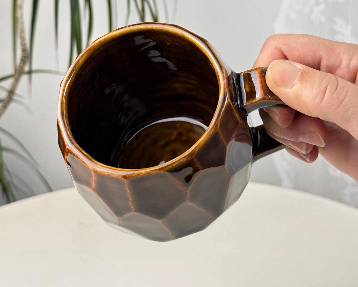 Handmade stoneware faceted mug, 350 ml (12 oz), purple, cognac