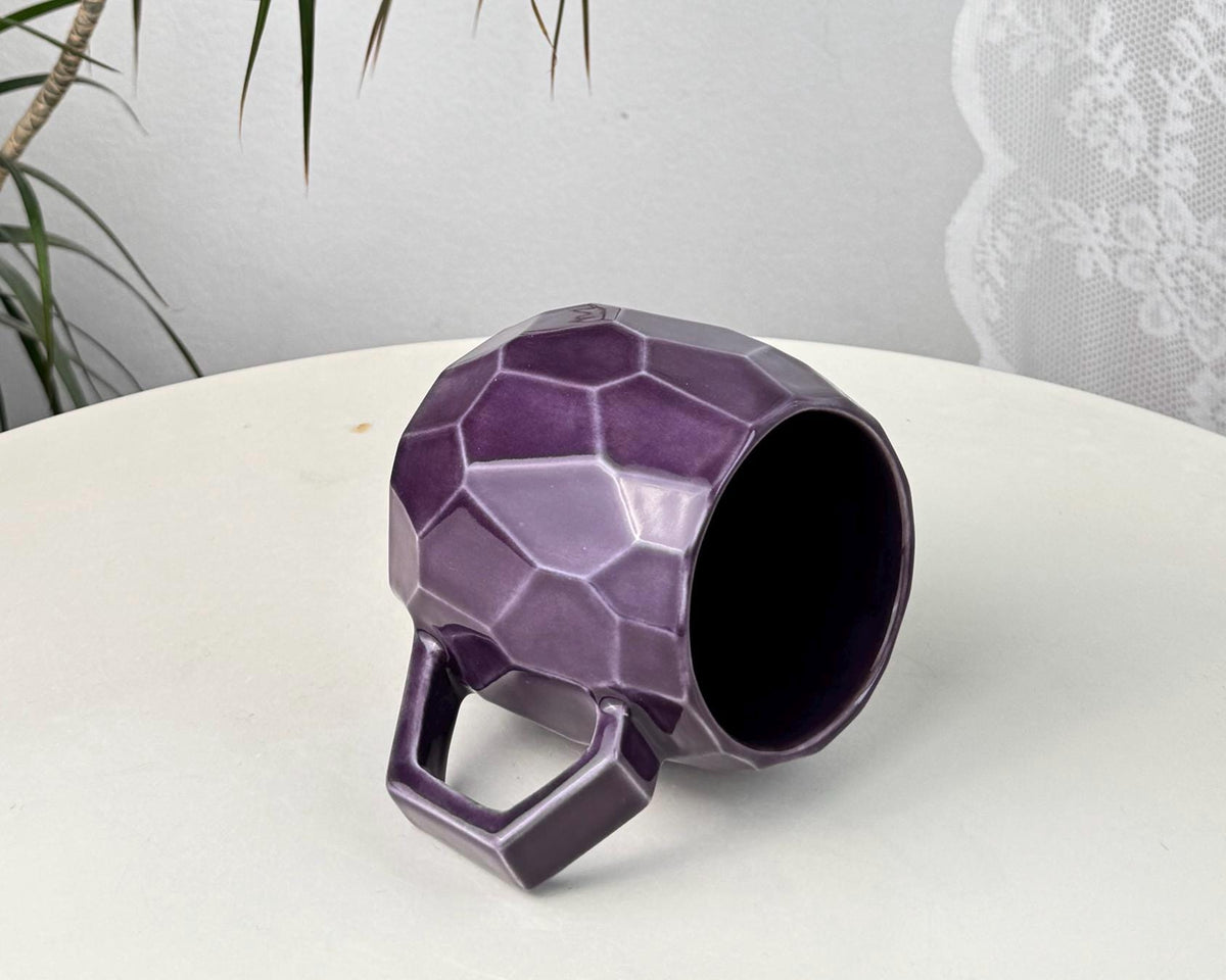 Handmade stoneware faceted mug, 350 ml (12 oz), purple, cognac