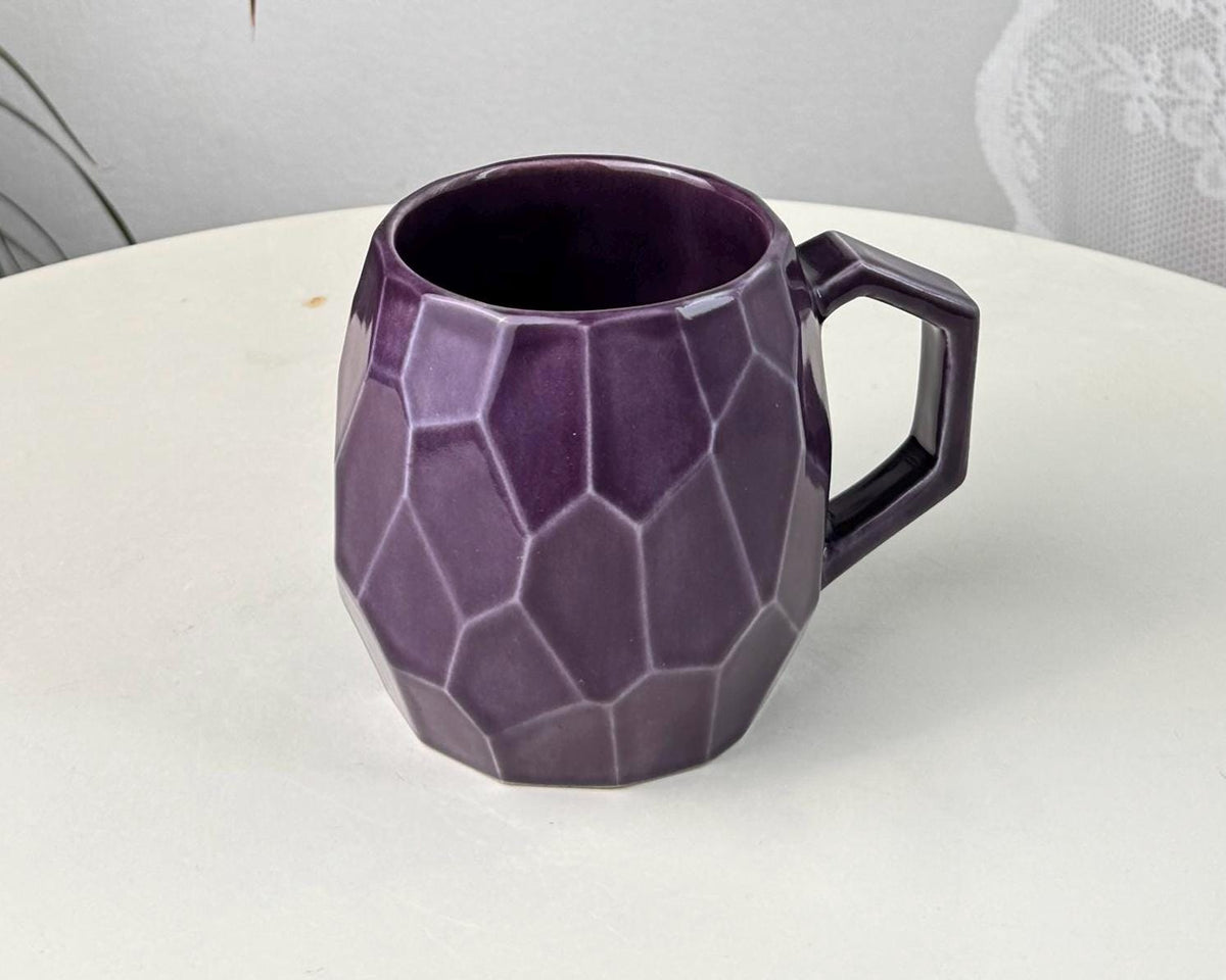 Handmade stoneware faceted mug, 350 ml (12 oz), purple, cognac