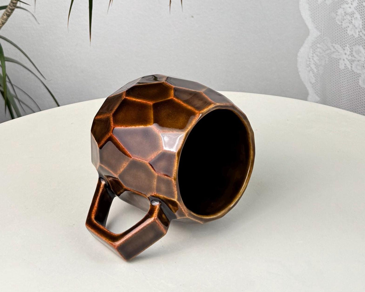 Handmade stoneware faceted mug, 350 ml (12 oz), purple, cognac