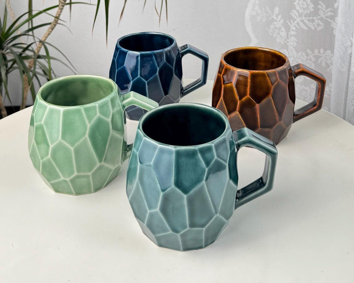 Handmade stoneware faceted mug, 350 ml (12 oz), purple, cognac