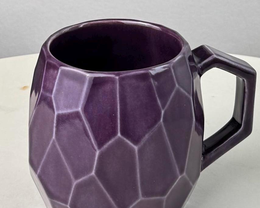 Handmade stoneware faceted mug, 350 ml (12 oz), purple, cognac