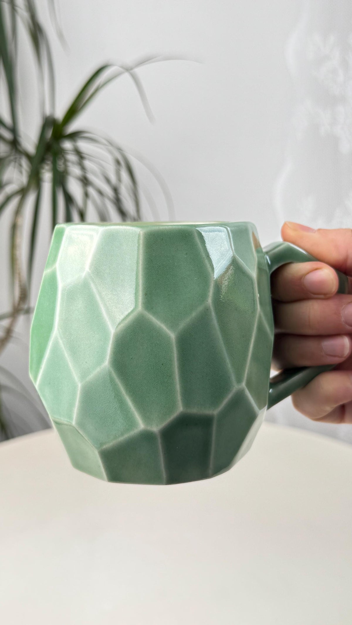 Handmade stoneware faceted mug, 350 ml (12 oz), purple, cognac