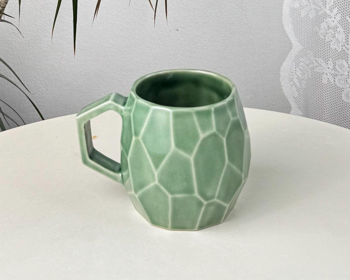 Handmade stoneware faceted mug, 350 ml (12 oz), purple, cognac