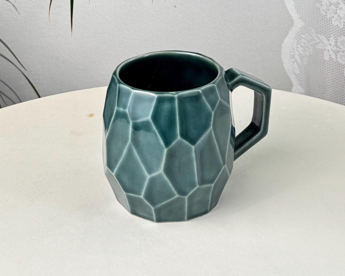 Handmade stoneware faceted mug, 350 ml (12 oz), purple, cognac