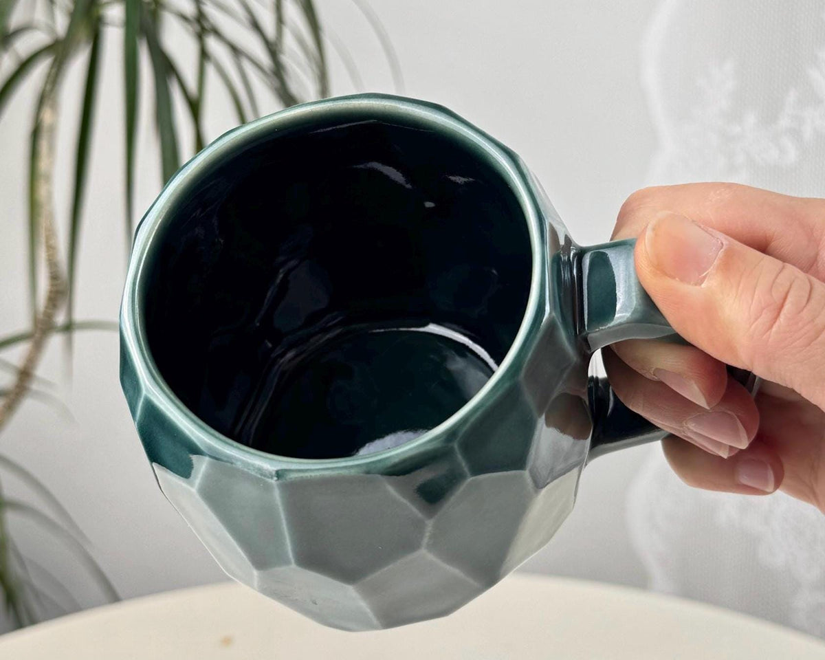 Handmade stoneware faceted mug, 350 ml (12 oz), purple, cognac