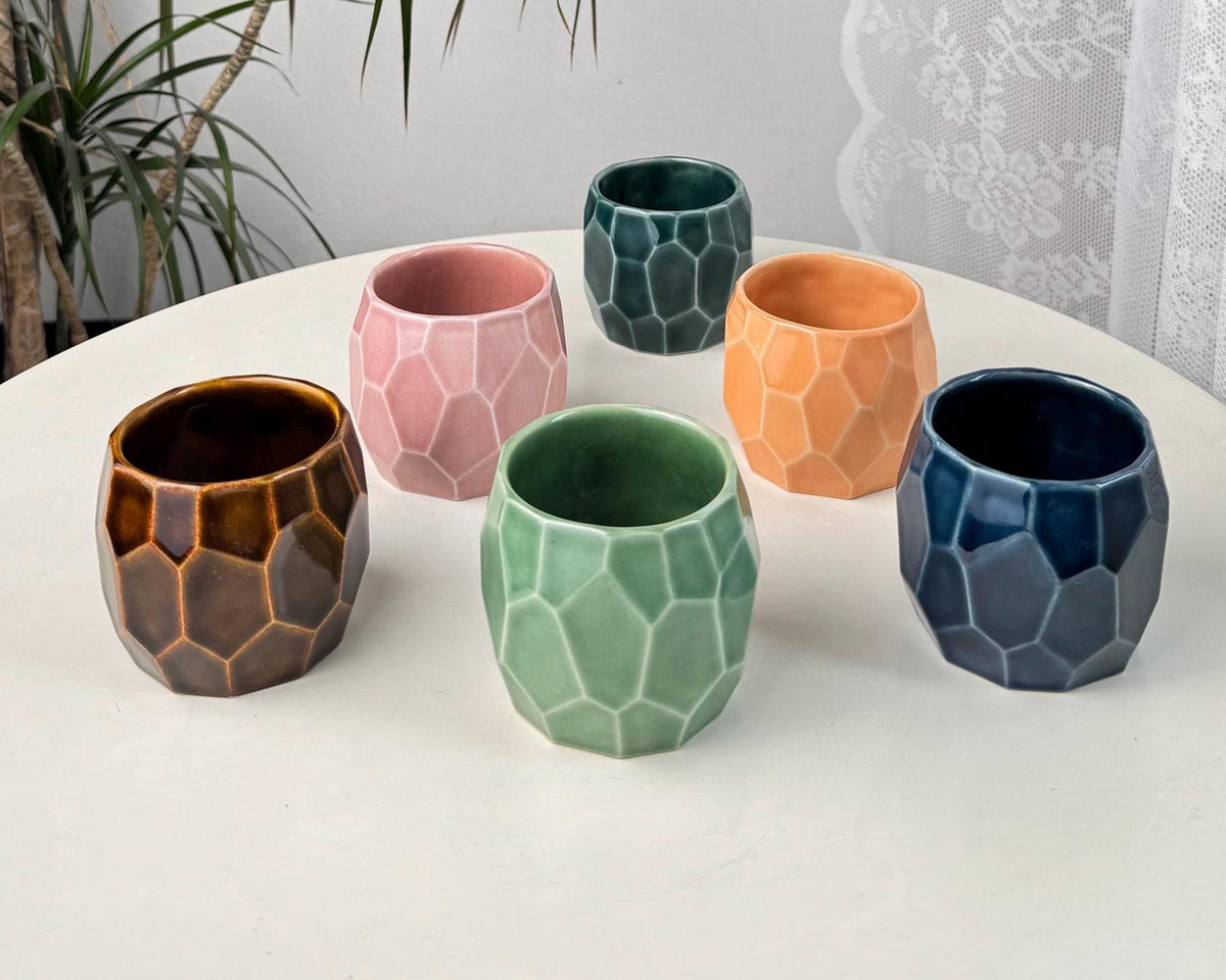 Set of 2 Faceted Stoneware Coffee Cups, 150 ml