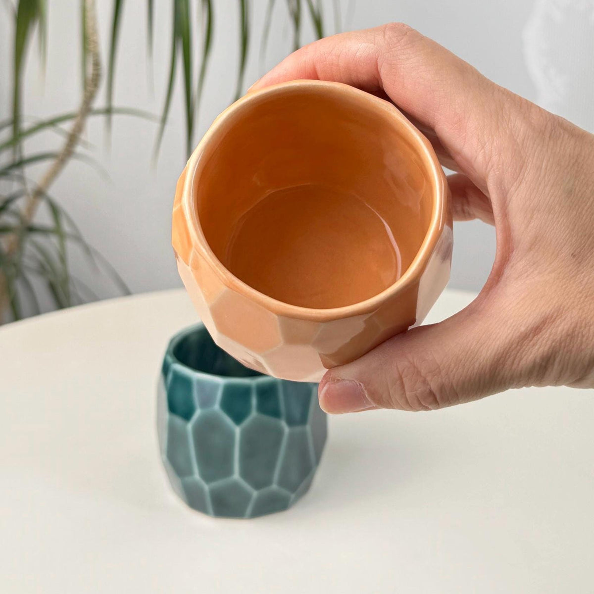 Set of 2 Faceted Stoneware Coffee Cups, 150 ml