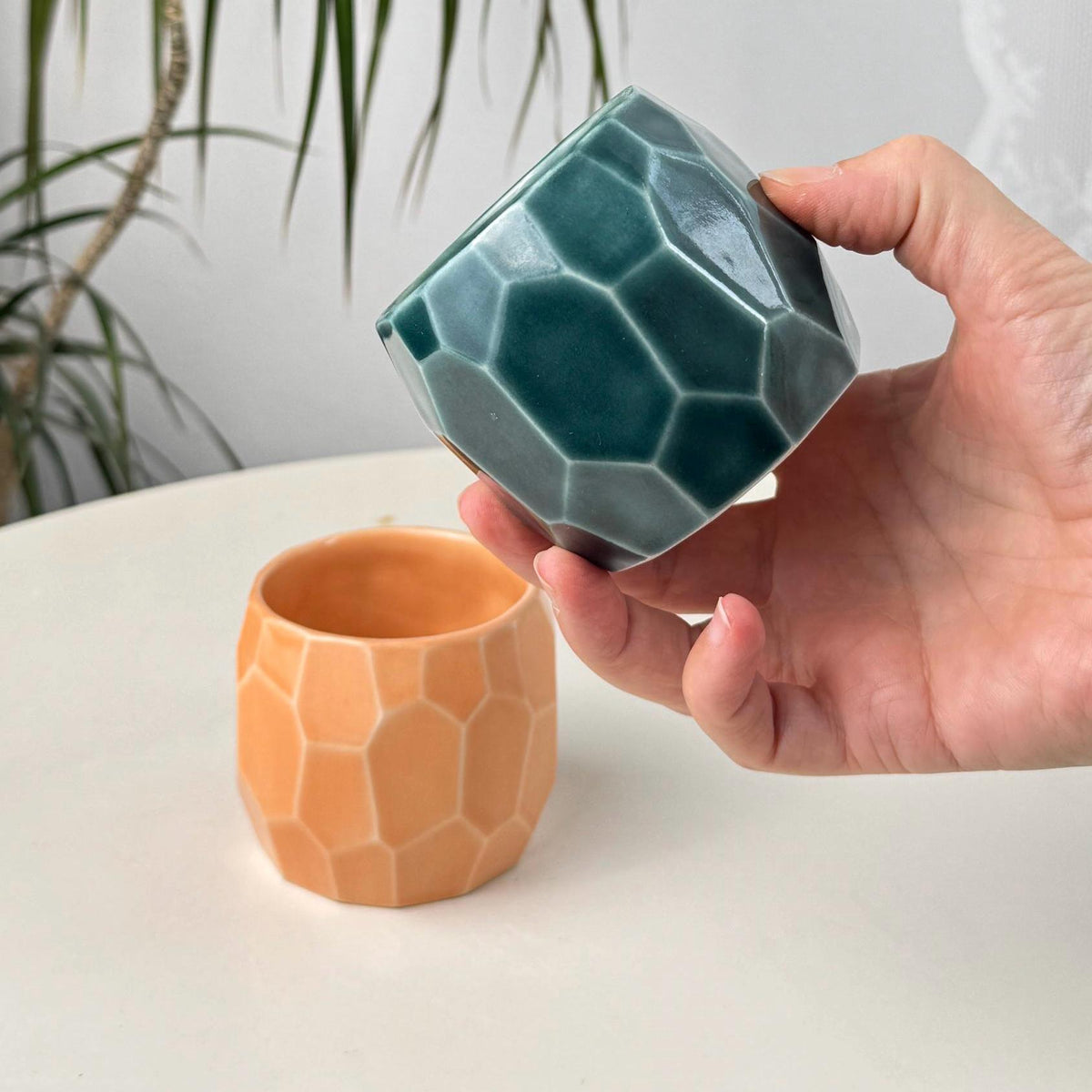 Set of 2 Faceted Stoneware Coffee Cups, 150 ml