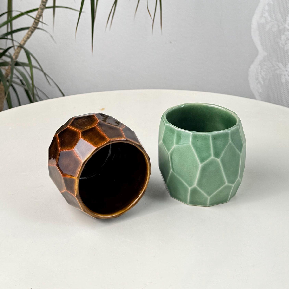 Set of 2 Faceted Stoneware Coffee Cups, 150 ml