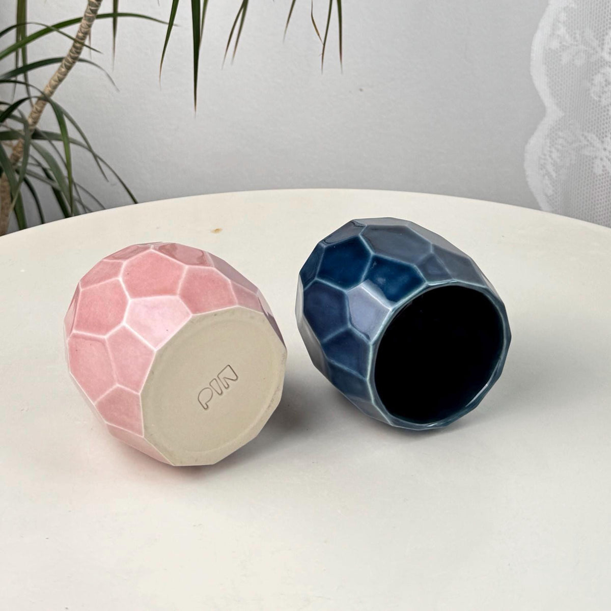 Set of 2 Faceted Stoneware Coffee Cups, 150 ml