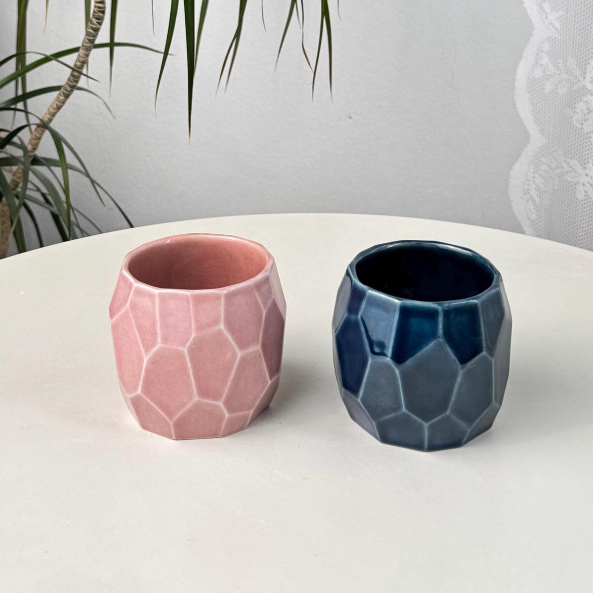 Set of 2 Faceted Stoneware Coffee Cups, 150 ml